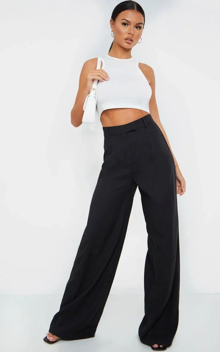 Trousers | Black Woven Tailored Wide Leg Trousers | PrettyLittleThing