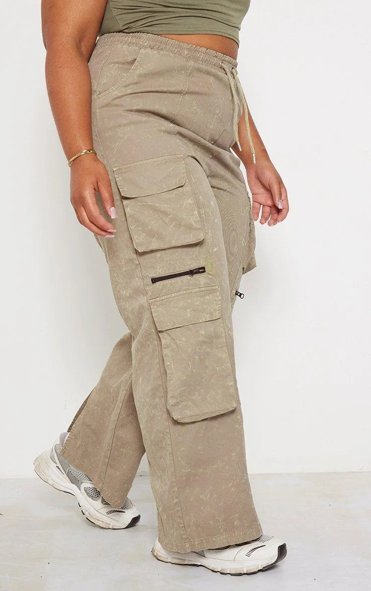 Trousers | Plus Khaki Washed Cargo Trousers | PrettyLittleThing