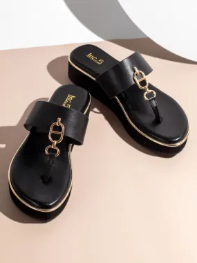 Women Black And Gold-Toned  Open Toe Comfort Sandals with Buckles