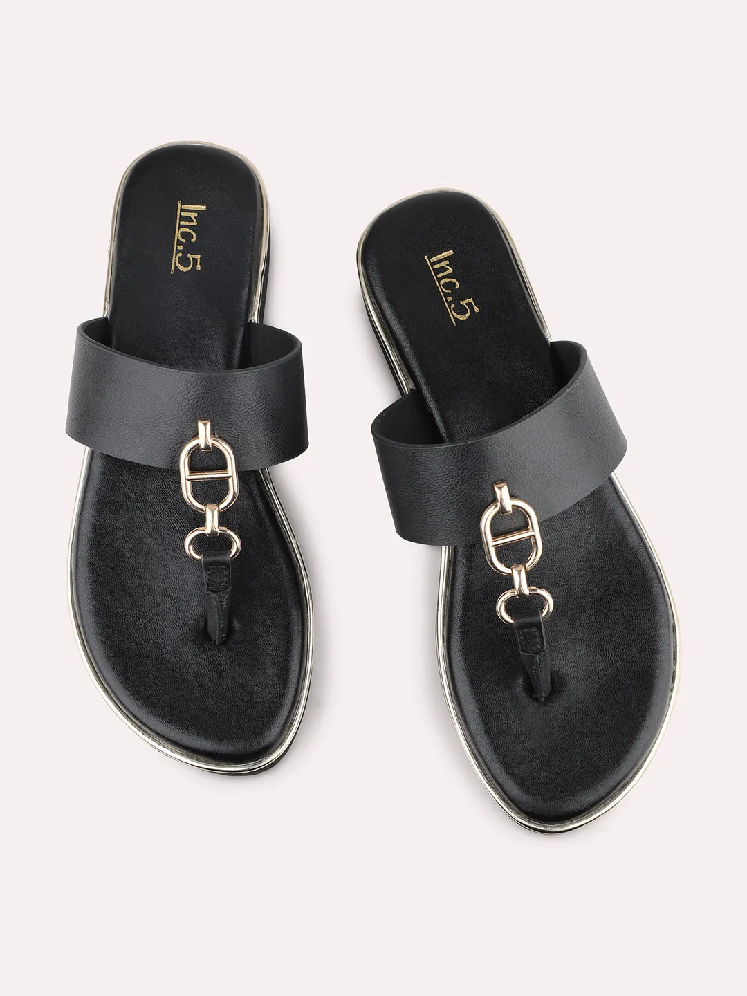 Women Black And Gold-Toned  Open Toe Comfort Sandals with Buckles