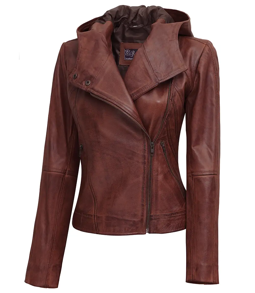 Women's Asymmetrical Motorcycle Leather Jacket with Hood