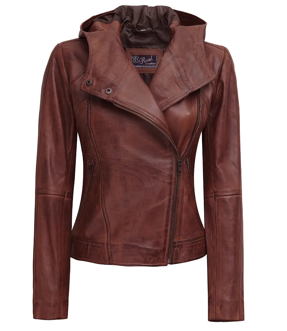 Women's Asymmetrical Motorcycle Leather Jacket with Hood