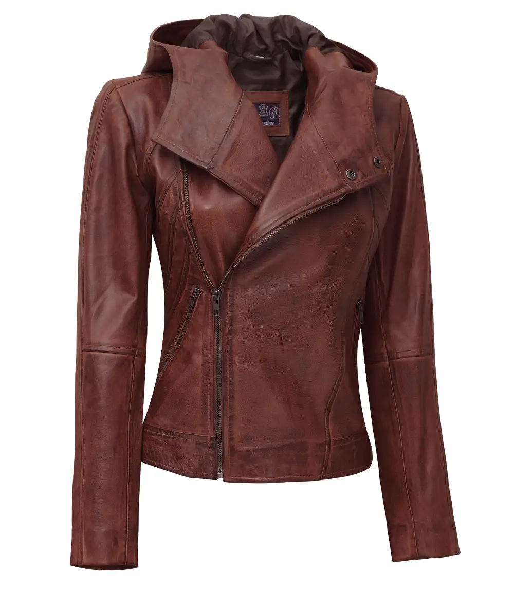 Women's Asymmetrical Motorcycle Leather Jacket with Hood