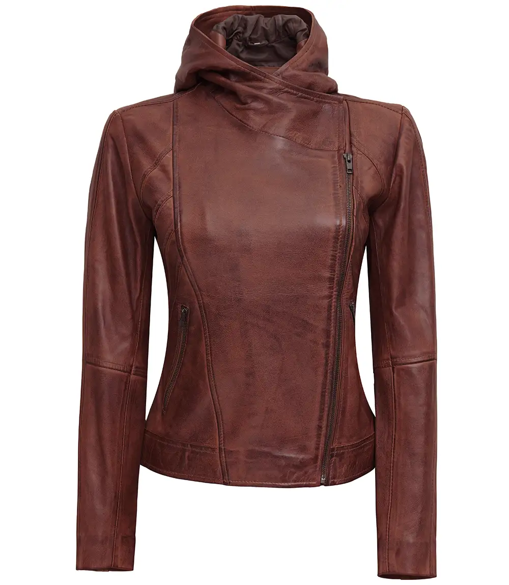 Women's Asymmetrical Motorcycle Leather Jacket with Hood