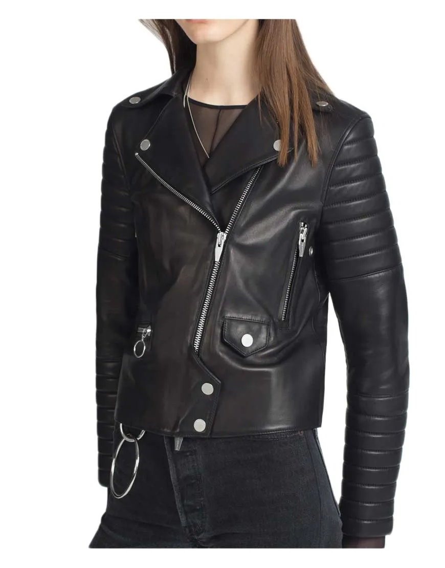 Women's Black Lambskin Leather Moto Jacket with Padded Sleeves - UJackets