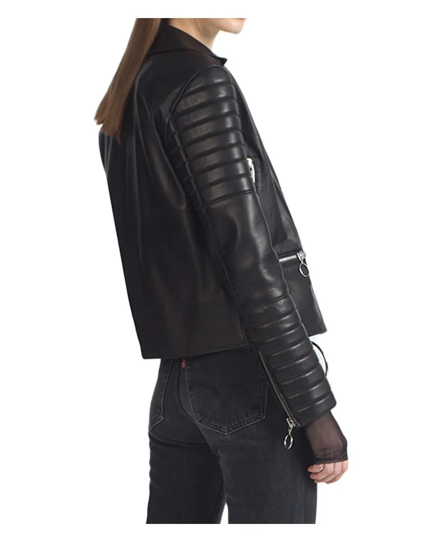 Women's Black Lambskin Leather Moto Jacket with Padded Sleeves - UJackets