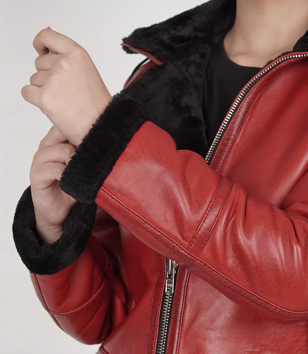 Women's Red Bomber Shearling Leather Jacket with Hood