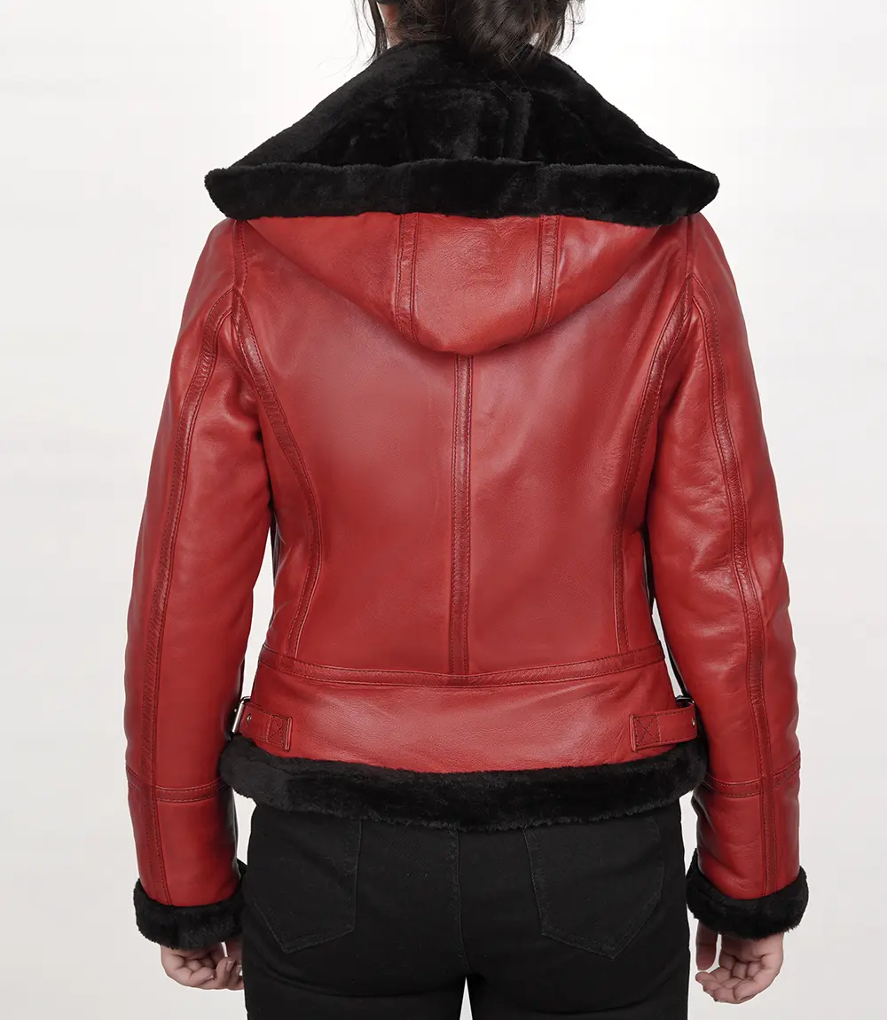 Women's Red Bomber Shearling Leather Jacket with Hood