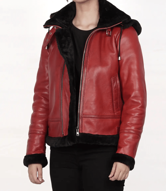 Women's Red Bomber Shearling Leather Jacket with Hood