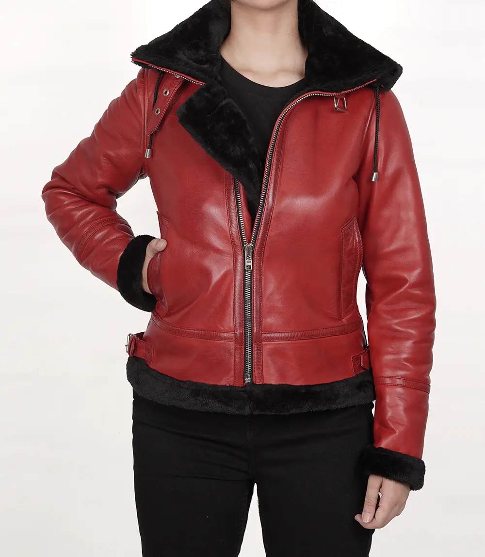 Women's Red Bomber Shearling Leather Jacket with Hood