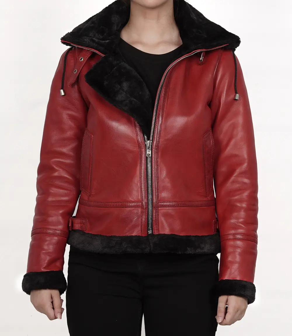 Women's Red Bomber Shearling Leather Jacket with Hood