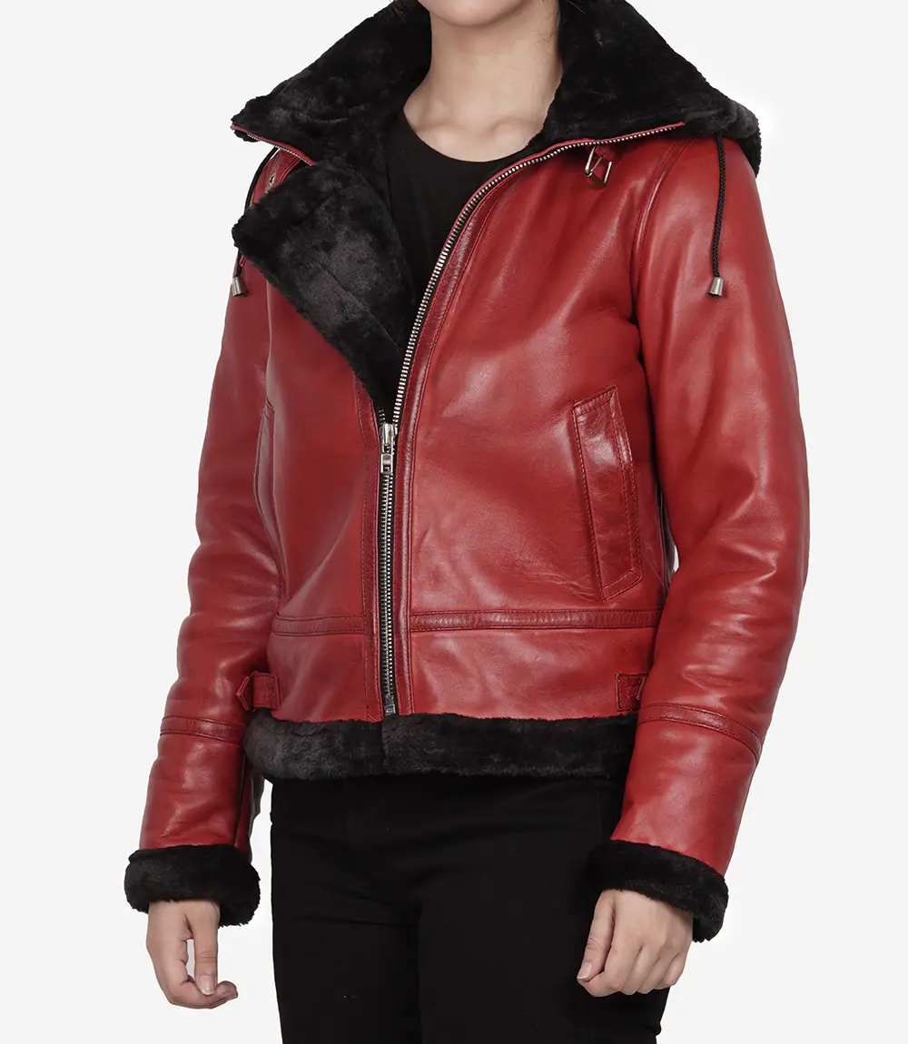 Women's Red Bomber Shearling Leather Jacket with Hood