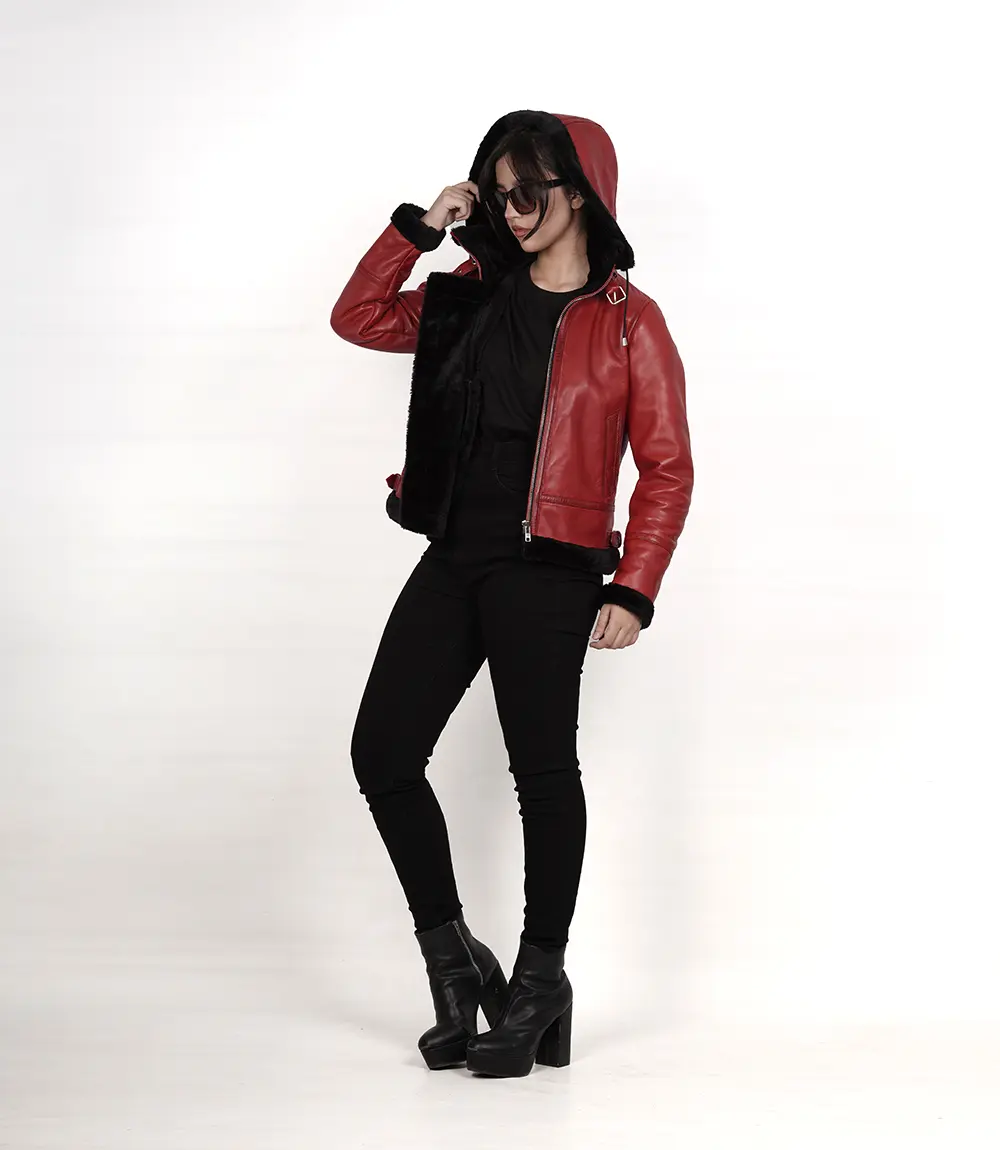 Women's Red Bomber Shearling Leather Jacket with Hood