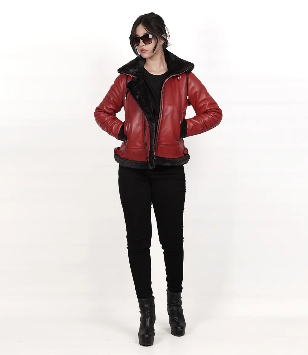 Women's Red Bomber Shearling Leather Jacket with Hood