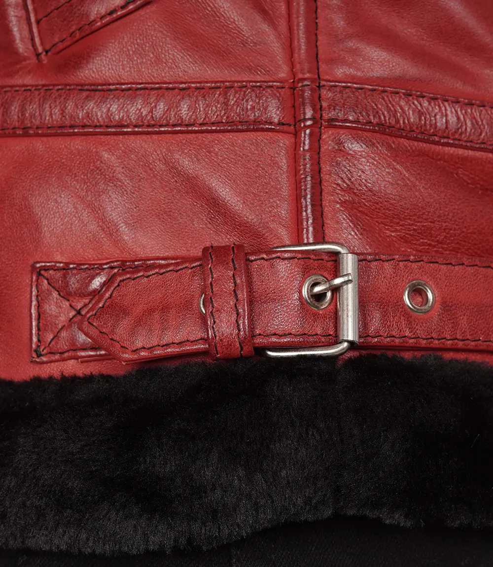 Women's Red Bomber Shearling Leather Jacket with Hood