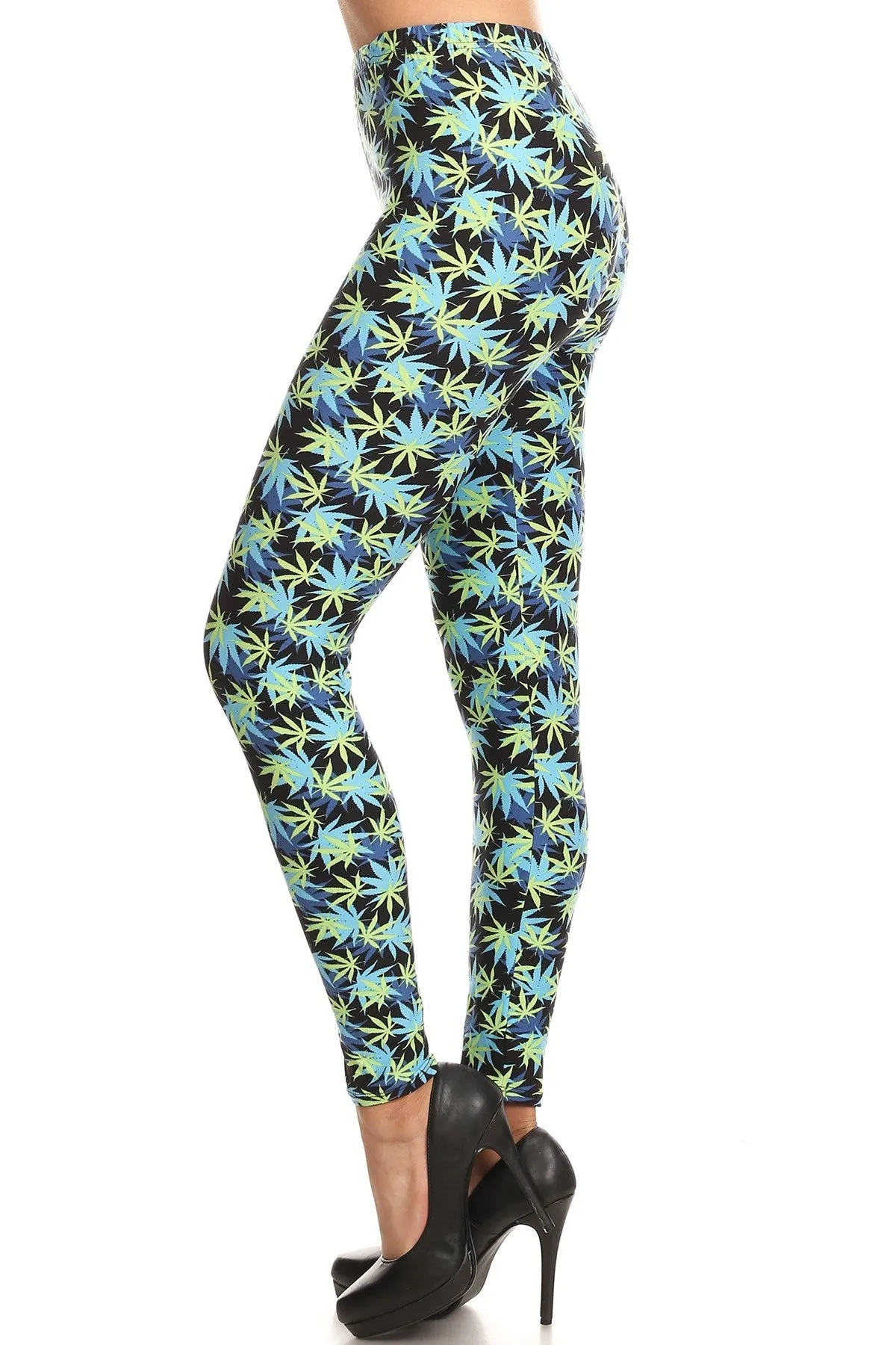 Women's 3 X 5X Yellow Leaf Plant Pattern Printed Leggings