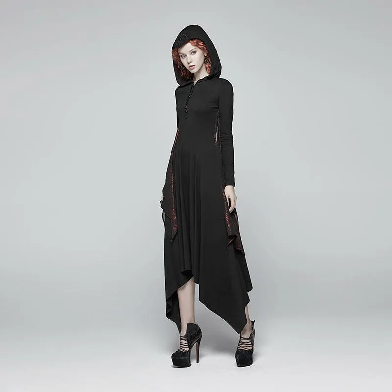 Women's Goth Flare Long Sleeve Iregular Maxi Dress With Hood