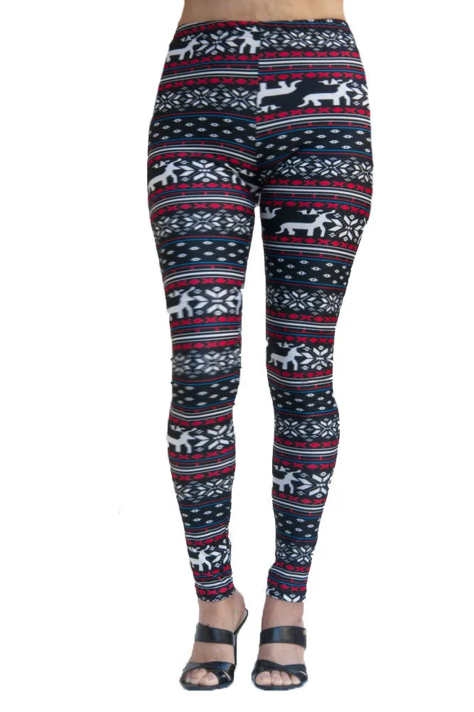 Women's Plus Blue Reindeer Fair Isle Design Printed Leggings