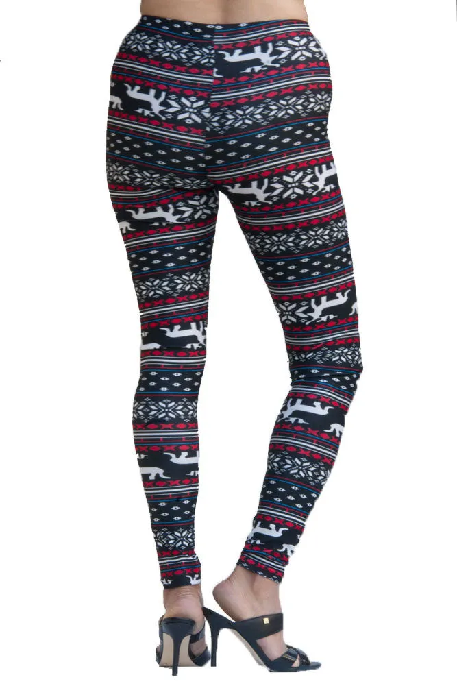 Women's Plus Blue Reindeer Fair Isle Design Printed Leggings