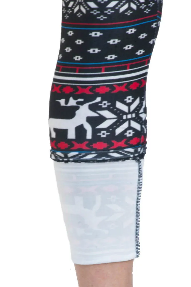 Women's Plus Blue Reindeer Fair Isle Design Printed Leggings