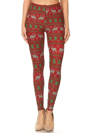 Women's Regular Christmas Red Green Reindeer Pattern Printed Leggings