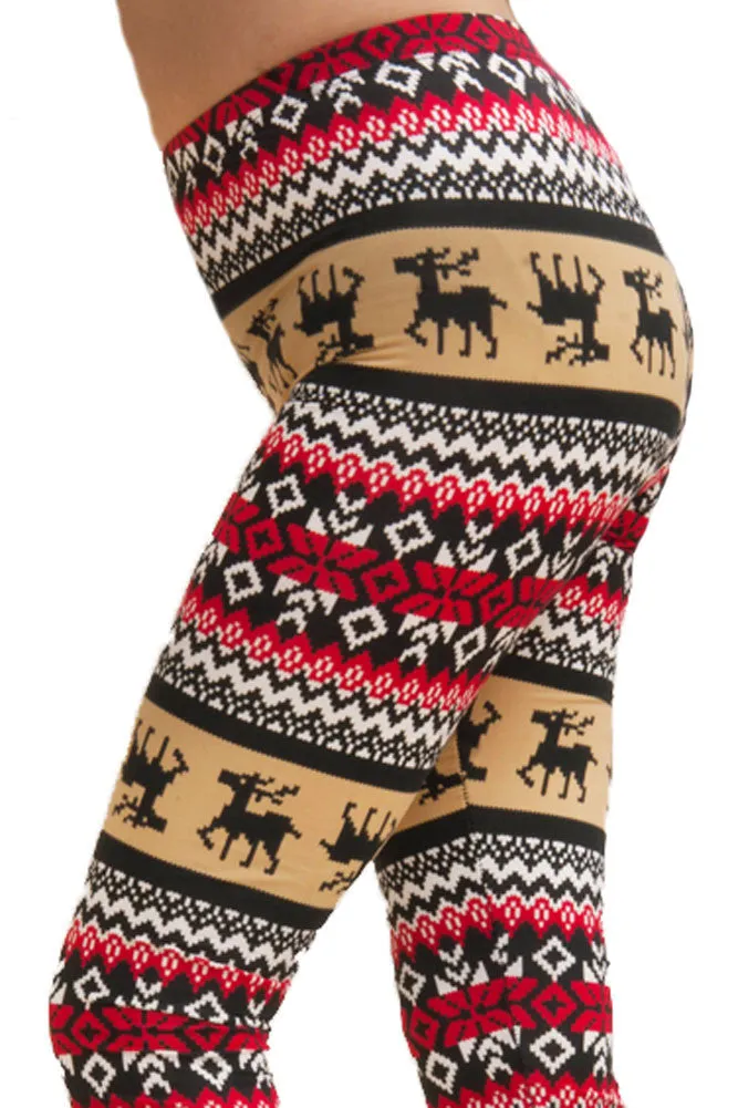 Women's Regular Colorful Holiday Mocha Reindeer Design Printed Leggings