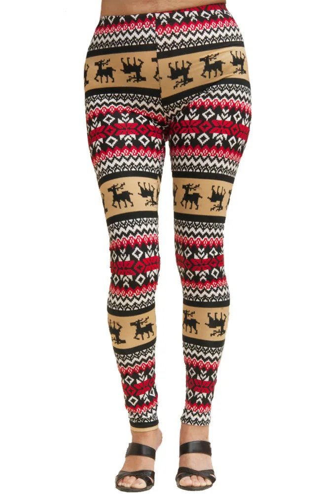 Women's Regular Colorful Holiday Mocha Reindeer Design Printed Leggings