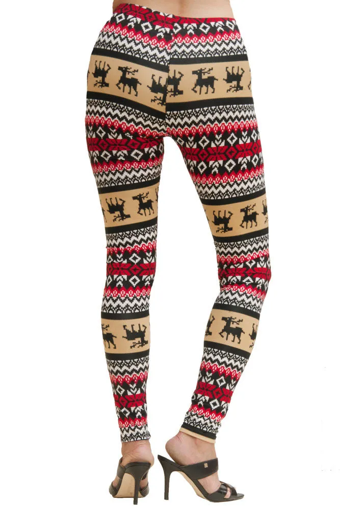 Women's Regular Colorful Holiday Mocha Reindeer Design Printed Leggings