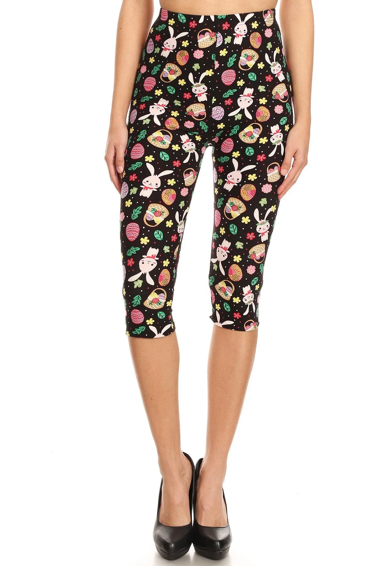 Women's Regular Cute Bunny & Easter Egg Printed Cropped Capri Leggings