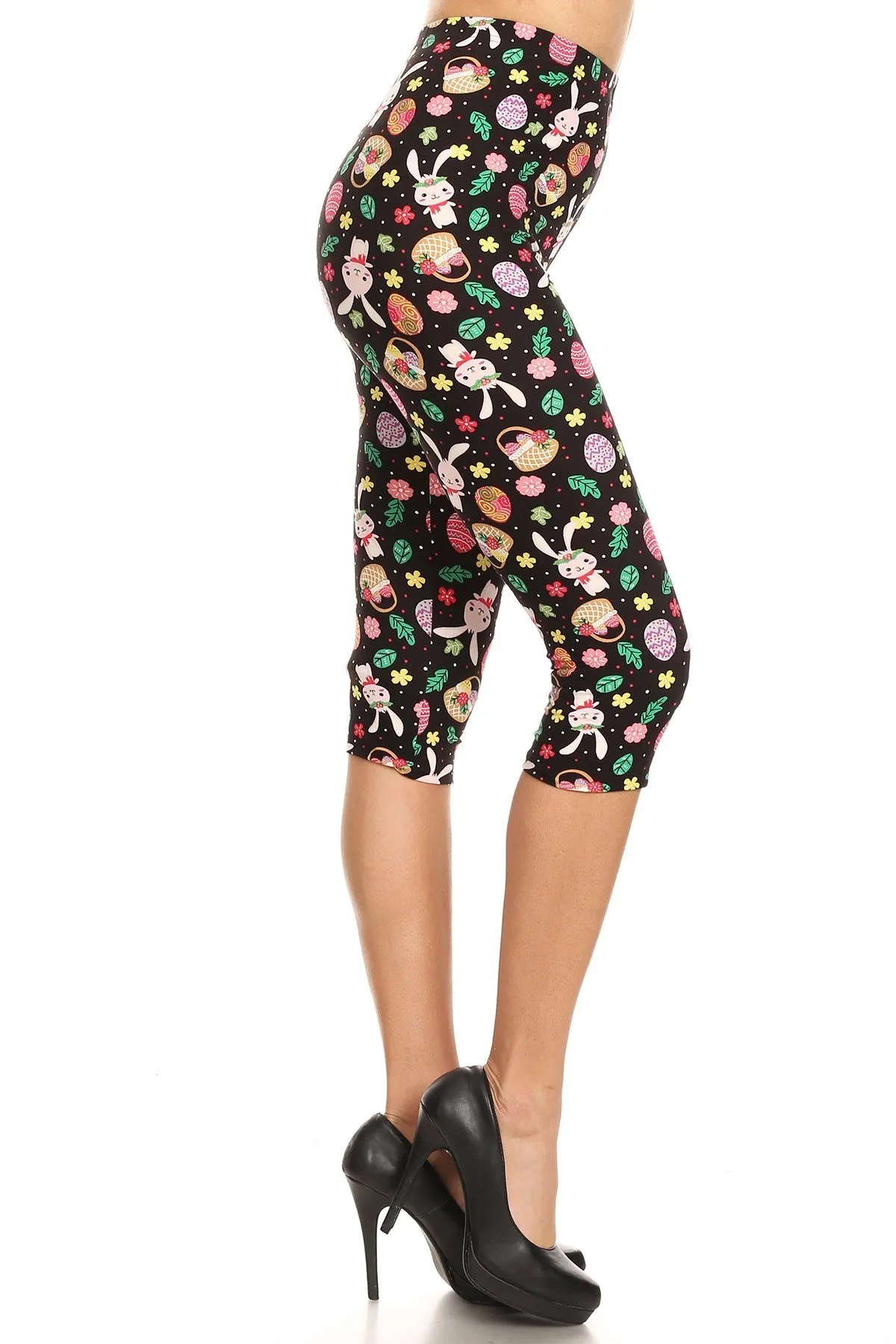 Women's Regular Cute Bunny & Easter Egg Printed Cropped Capri Leggings