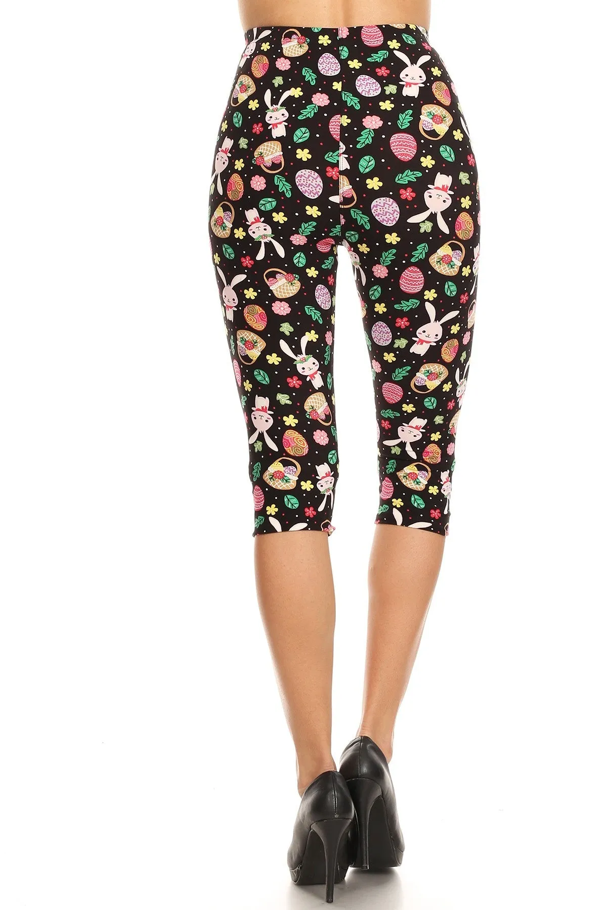 Women's Regular Cute Bunny & Easter Egg Printed Cropped Capri Leggings