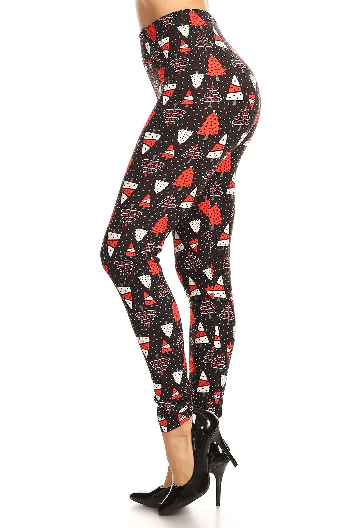 Women's Regular Red White Christmas Tree Pattern Printed Leggings