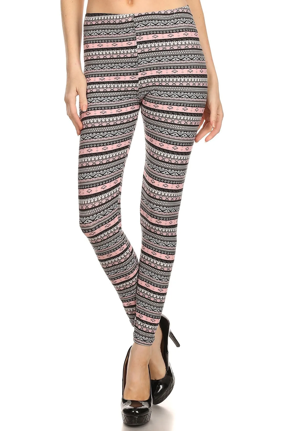 Women's Regular Small Aztec Shape Pattern Print Leggings - Black Grey Pink