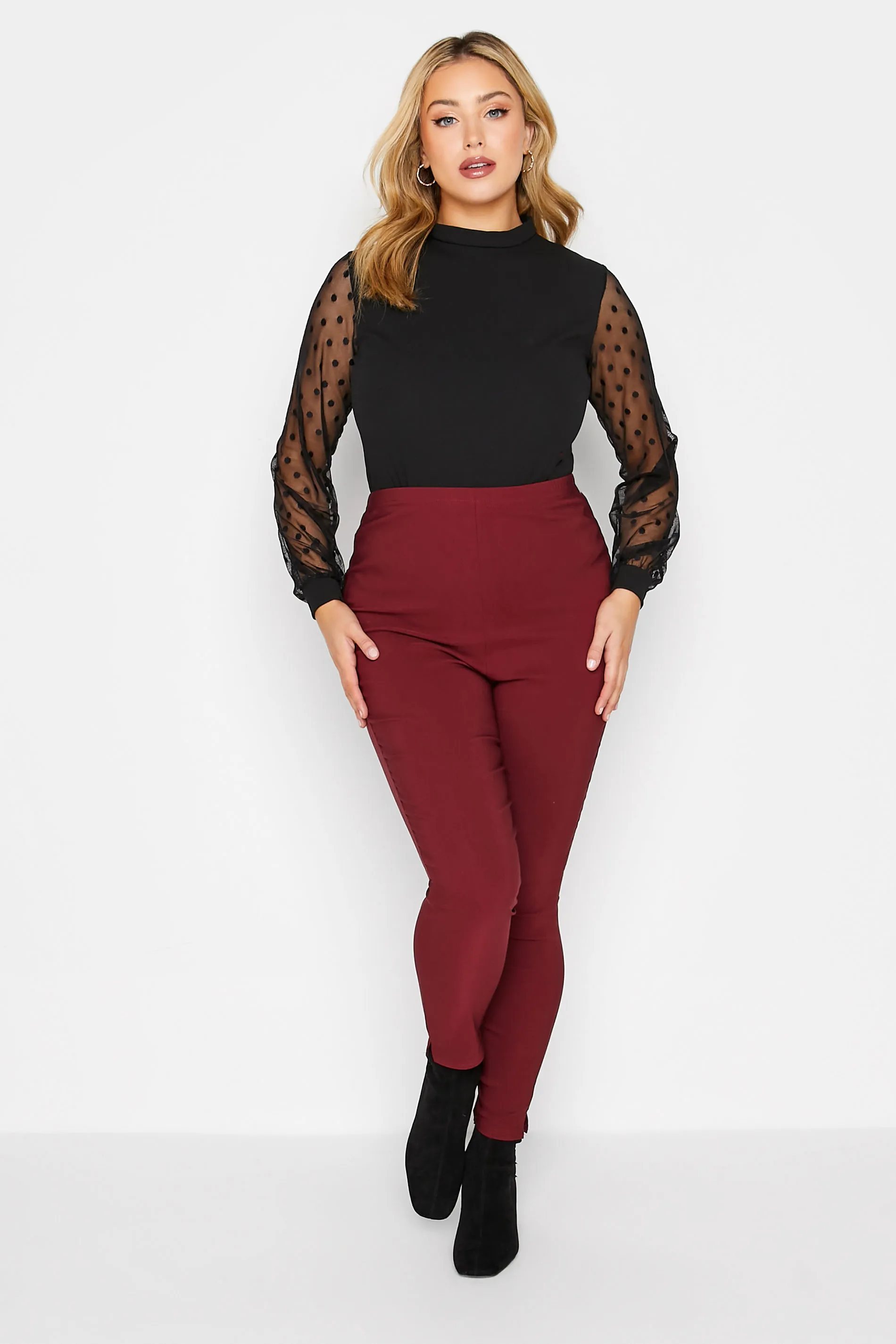 YOURS Curve Burgundy Red Stretch Bengaline Slim Leg Trousers