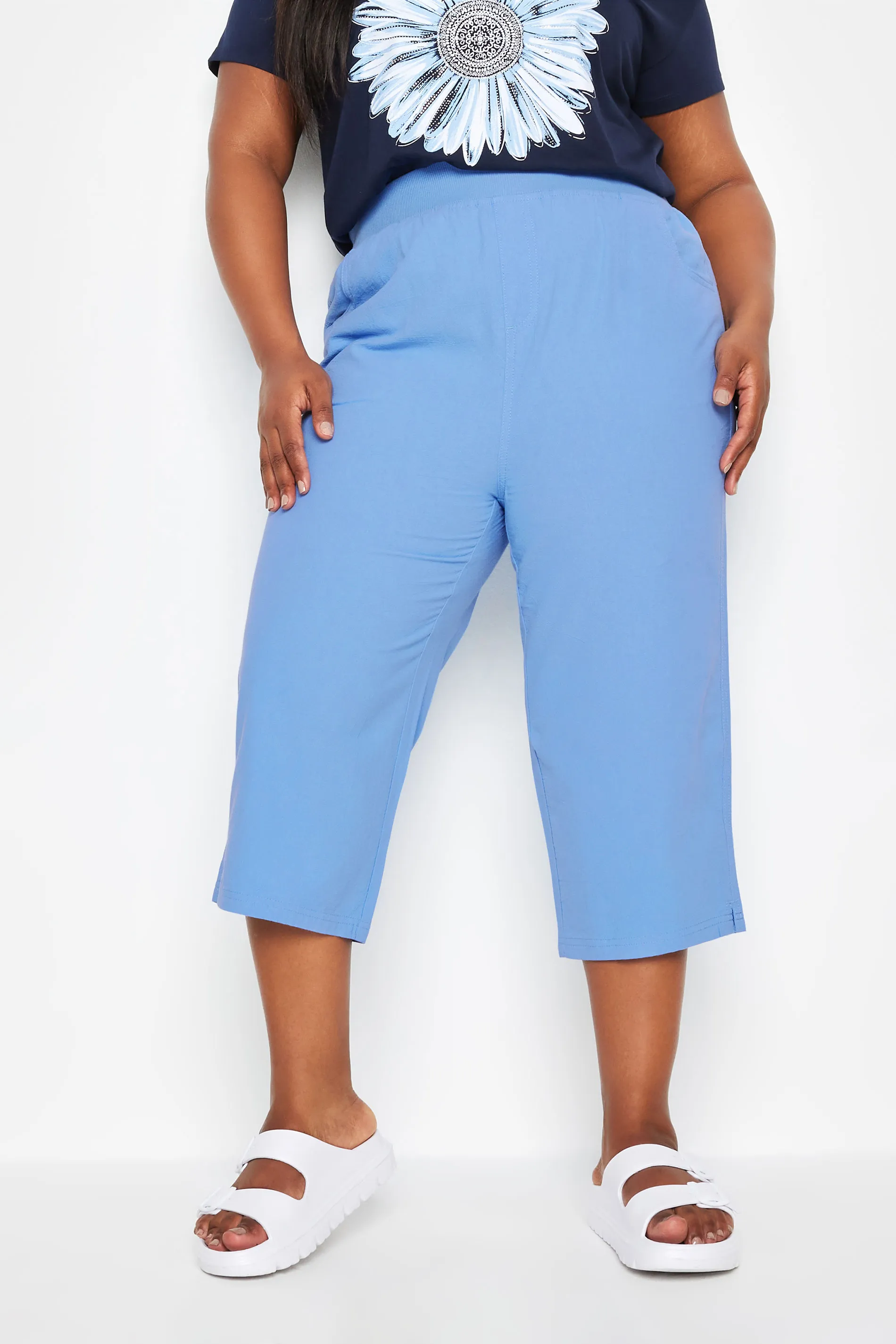 YOURS Curve Light Blue Elasticated Cool Cotton Cropped Trousers