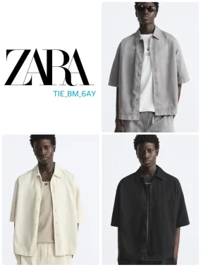 ZARA  |Plain Cotton Short Sleeves Shirts